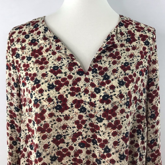 DR2 Cream Red Blue Floral Print Long Sleeve Notch Neck Blouse Size M - Picture 2 of 15